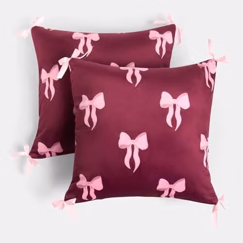 OHS Set of 2 Matte Velvet Bow Print Square Cushion Covers, Red, W/D/H: 45 x 45 x 45 cm