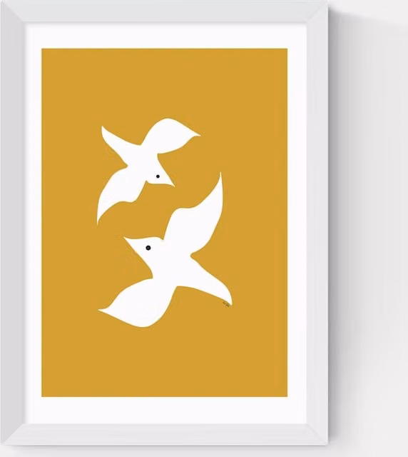 East End Prints Love Birds Framed Art Print in Yellow and White