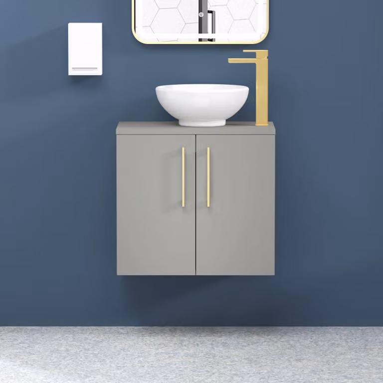 Royal Bathrooms Modena 800mm Wall Hung Vanity Unit in Satin Grey with 2 Soft Close Doors and Brushed Brass Handle and Countertop Basin
