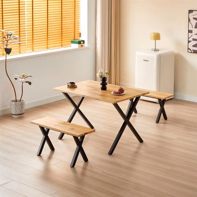 Kosy Koala Oak Effect Dining Table and 2 Benches Set with Black Metal X-Frame Legs