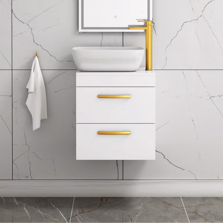 Royal Bathrooms 500mm Wall Hung Gloss White 2 Drawer Vanity Unit with Elva Countertop Basin and Brushed Brass Handle
