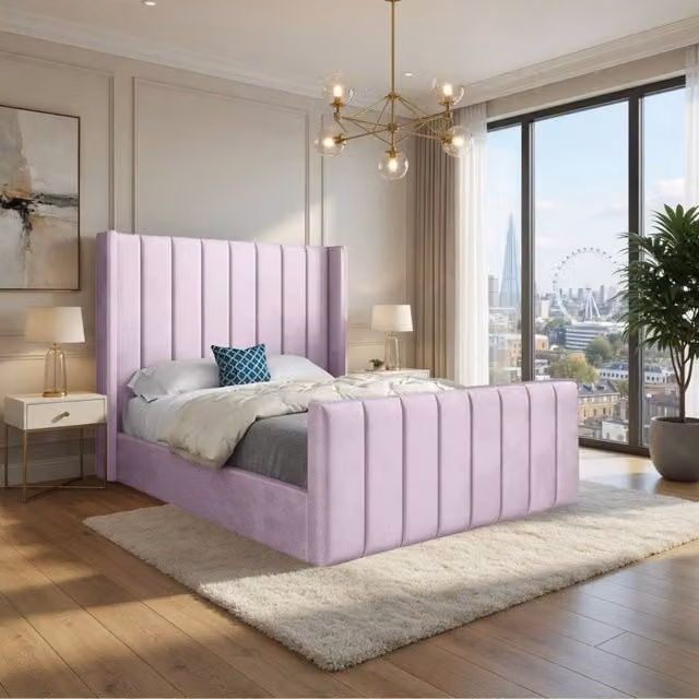 KDMD Stretton Winged Upholstered Designer Bed Frame in Pink Velvet, W/D/H: 140 x 200 cm
