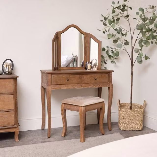 Melody Maison Ashwell Dressing Table, Mirror and Stool Set in Brown Wood – 1