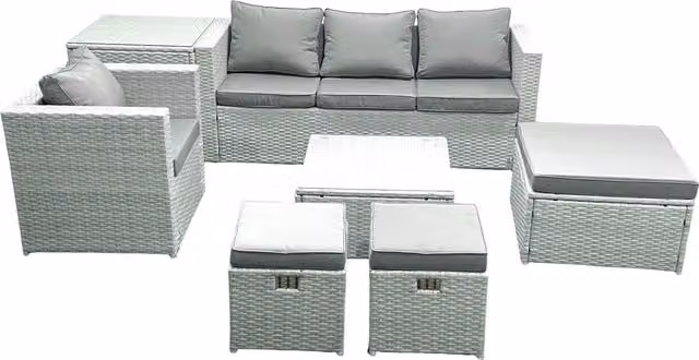 Fimous Garden 7 Seater Rattan Outdoor Furniture Set with 3 Footstools, Armchair and Side Table in Light Grey