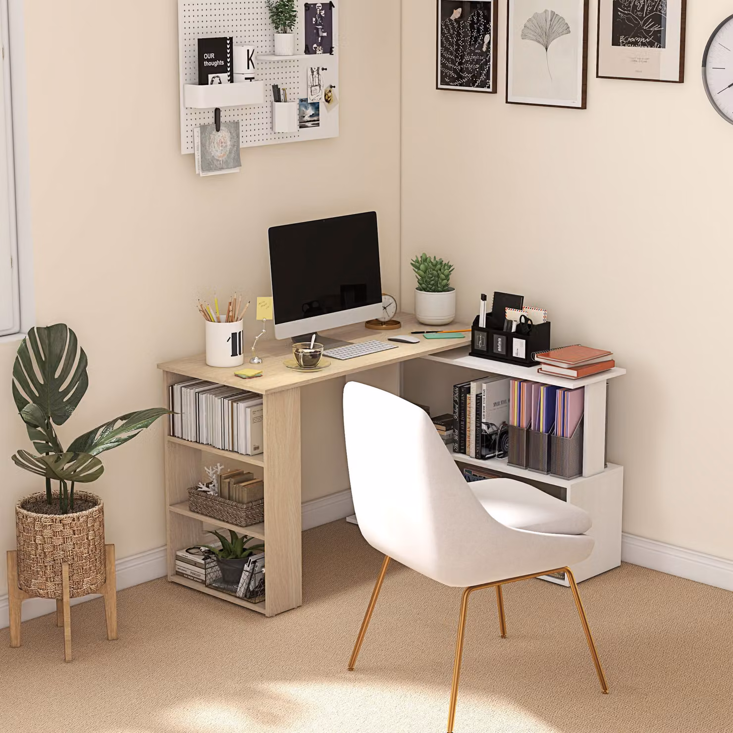 HOMCOM L Shaped Corner Computer Desk with 360 Degree Rotating Bookshelf, White, L/W/H: 120 x 110 x 74.5 cm – 2