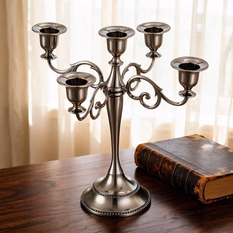 NESTLUNE Classic Black and Silver Metal Taper Candle Holder for Tabletop, H 100 cm x W 15 cm