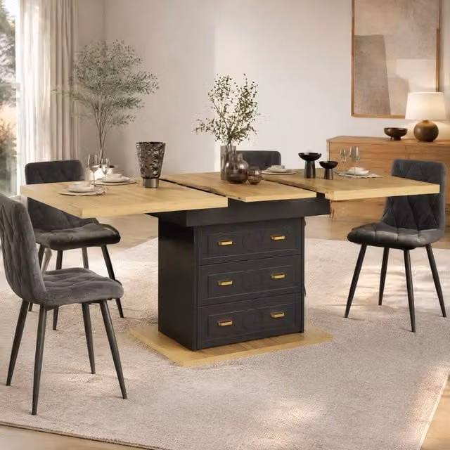 STILVORA Extendable Rectangular Dining Table with Storage and Drawers in Black, H 75 cm x W 110 cm – 1