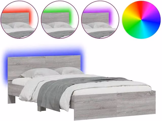 Berkfield Home Modern Bed Frame with Headboard, LED Under-Bed Lighting and USB Charging Port, Grey Sonoma, W: 140 cm, L: 190 cm