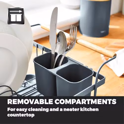 Tower Scandi Dish Drainer Rack with Removable Drip Tray and Cutlery Holder, Grey with Wood Effect Handles, W/D/H: 32.0 x 19.0 x 48.0 cm – 5