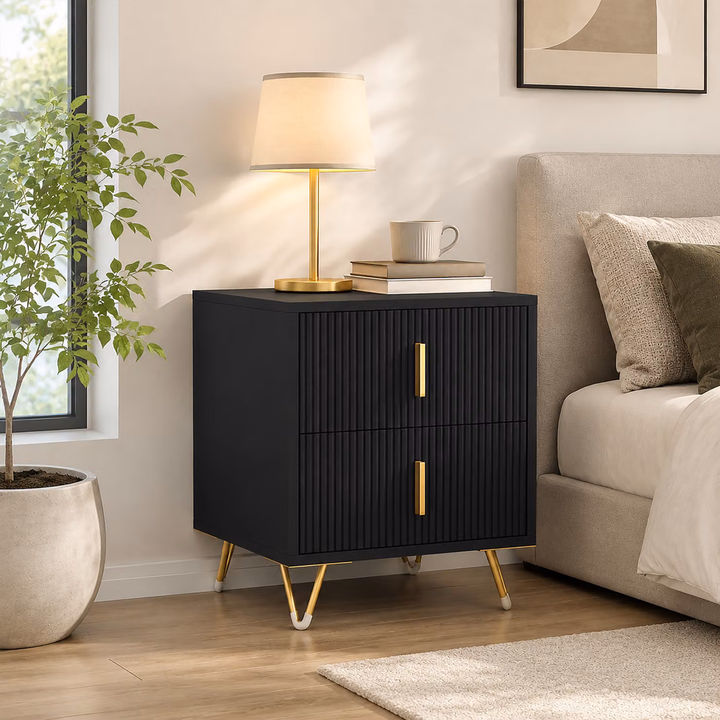 HOMCOM Elegant Fluted Bedside Table in Black and Gold-Tone with Drawers – 2