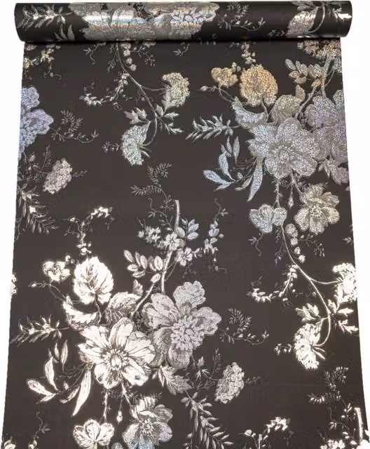 Arthouse Bijoux Florette Charcoal Floral Silver Glitter Holographic Vinyl Wallpaper in Silver and Anthracite