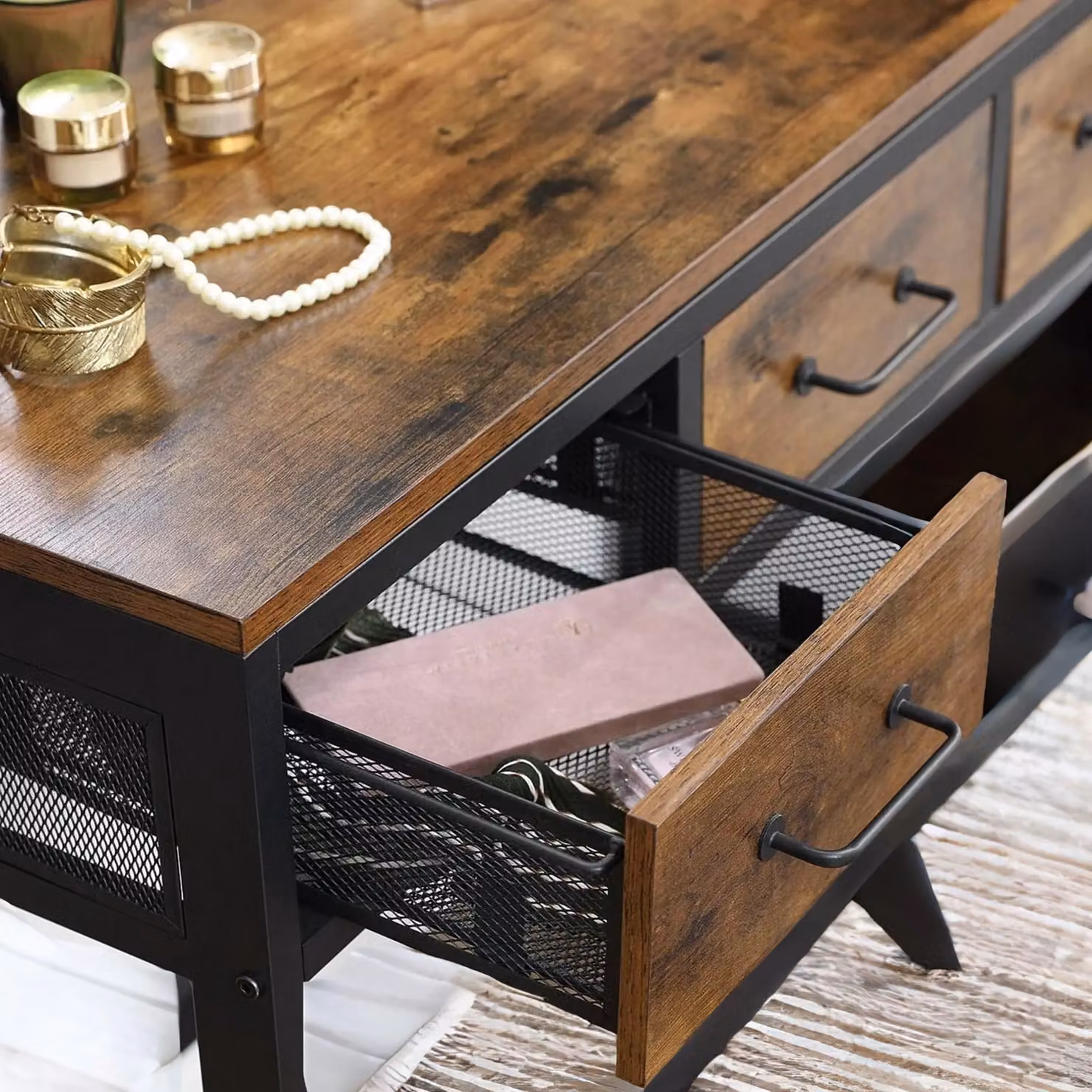 Rafaelo Mobilia Industrial Rustic Brown Dressing Table with Tri-fold Mirror and Stool – 4