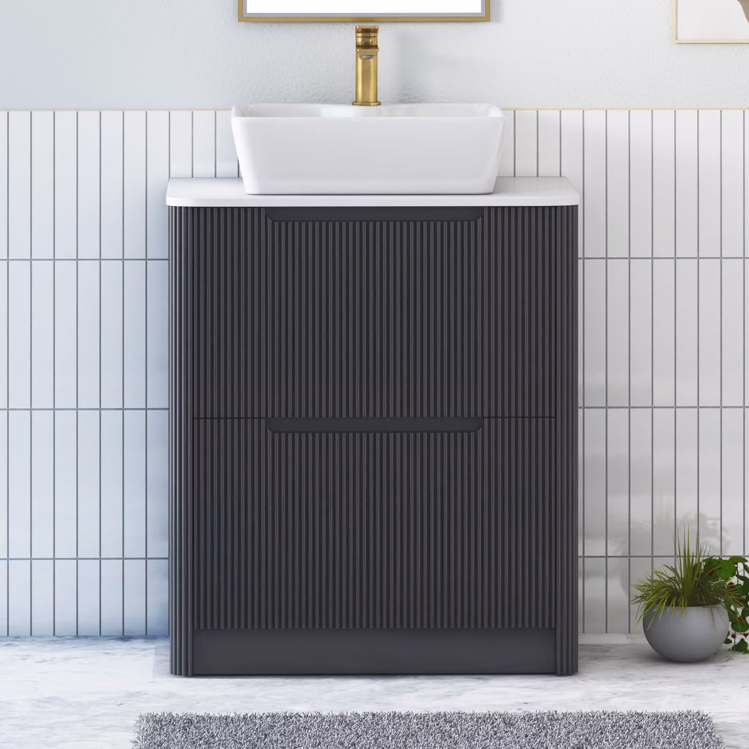 Royal Bathrooms Avenza 600mm Matt Obsidian Black Floor Standing 2 Drawer Vanity Unit with Plain White Worktop and Cube Basin