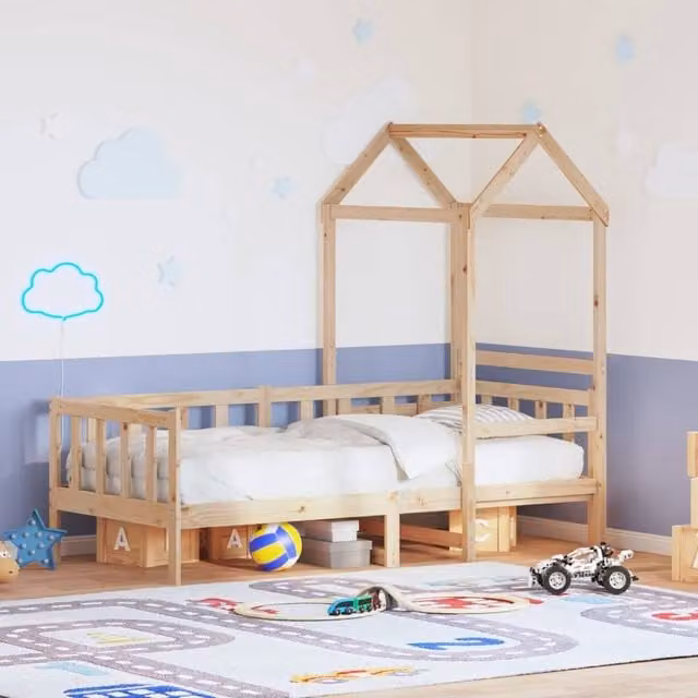 Berkfield Home Rustic Brown Solid Pine Day Bed with Roof for Children, W/D/H: 200 x 80 x 80 cm