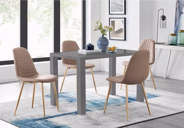 FurnitureboxUK Pivero Grey High Gloss Rectangular Dining Table and 4 Corona Gold Chairs in Cappuccino