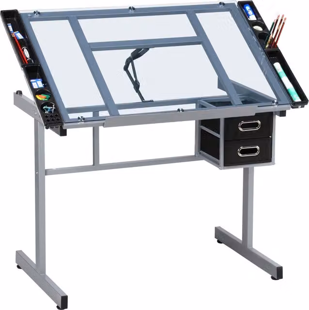 Yaheetech Modern Grey Adjustable Rolling Drafting Table with Tilting Glass Top and Castors