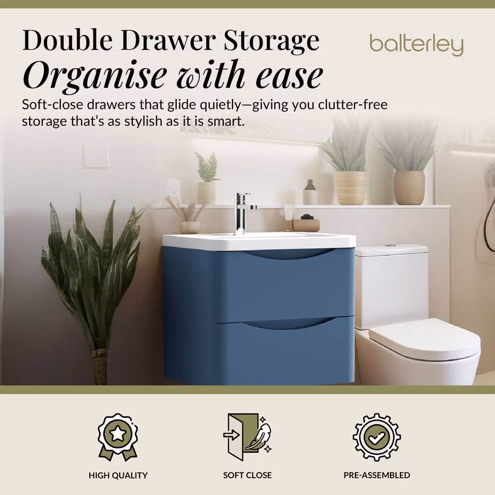Balterley Wall Hung 2 Drawer Bathroom Vanity Unit and Basin in Satin Blue – 2