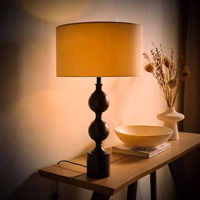 ValueLights Declan Candlestick Table Lamp with Drum Shade in Natural