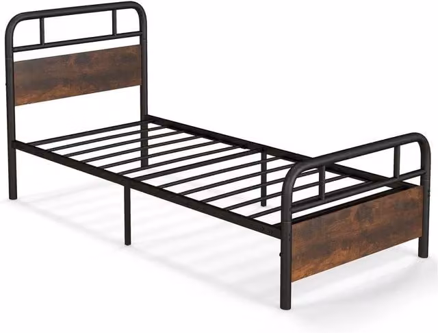 Kelvenix Single Bed Frame with Headboard and Footboard in Black Metal and Wood, W/D/H: 90 x 200 cm – 1