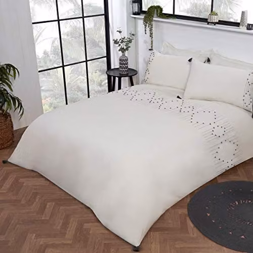 Smart Living Luxury Hotel Quality Boho Embroidered Tassels Duvet Cover and Pillowcase Set in White, Black and Multicolour, W/D/H: 180 x 200 cm