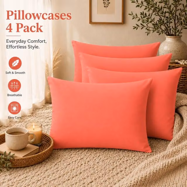 Pamposh Set of 4 Coral Cotton Mako Sateen Standard Pillow Cases, 300 Thread Count