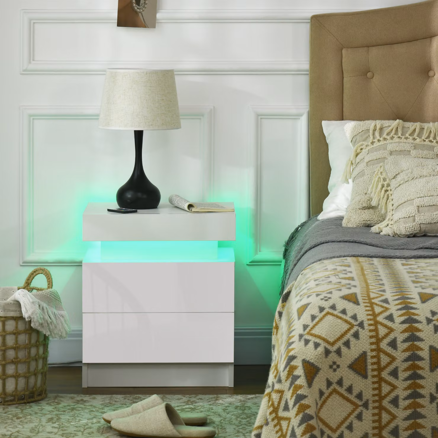HOMCOM White High Gloss Bedside Cabinet with Integrated LED Light and 2 Drawers – 2