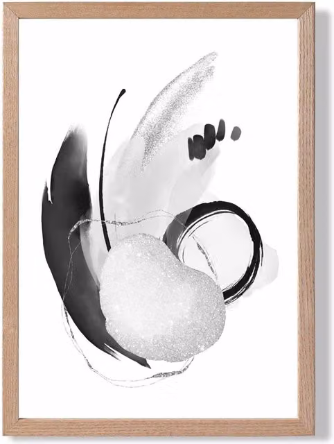 ARTZE Abstract Black and White Watercolour Shapes Framed Print with Oak Frame