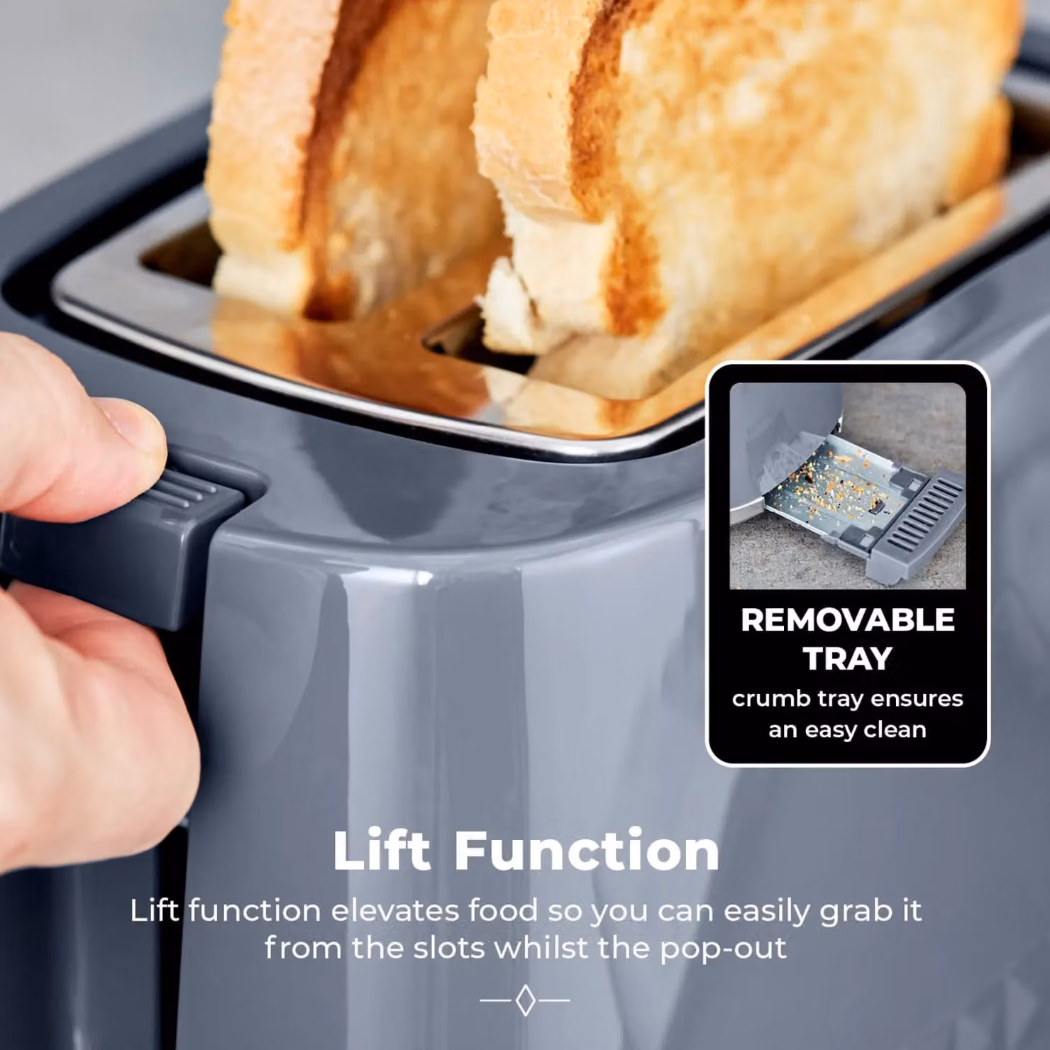 Tower Solitaire 2 Slice Toaster, 850W, Grey with Cable Storage – 5