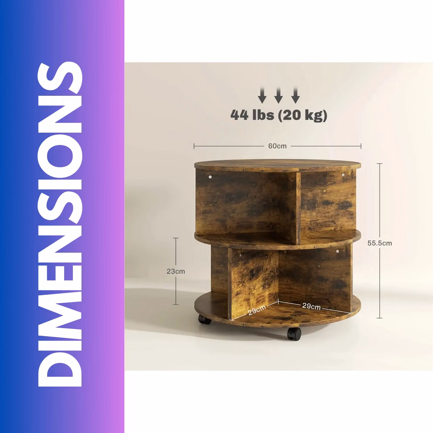 Rafaelo Mobilia 3 Tier Industrial Rustic Rolling Coffee Table in Brown, W: 60.0 cm, D: 55.5 cm, H: 60.0 cm – 4