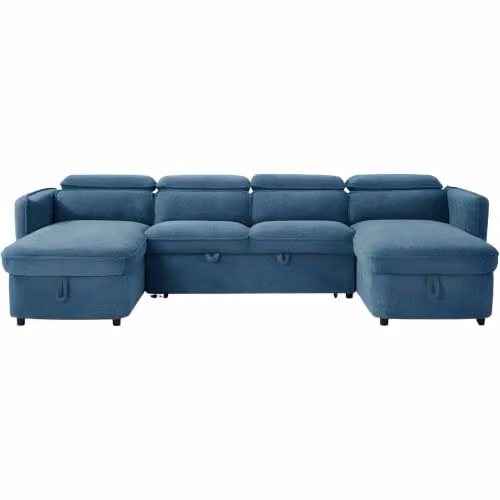 Beehive Furniture Corfu U-Shaped Corner Sofa Bed in Blue Upholstered Fabric with Reversible Sleeping Function and Adjustable Headrests – 1