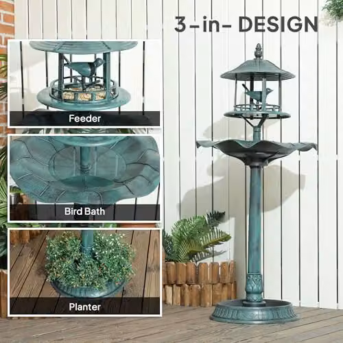 Outsunny 3-in-1 Freestanding Garden Bird Bath and Feeder, Green – 3