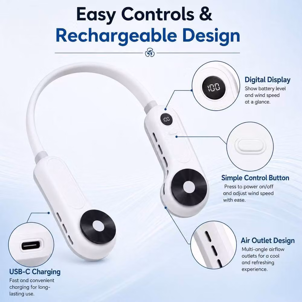 BluCore Neck Cooling Fan with Digital Display in White – 2