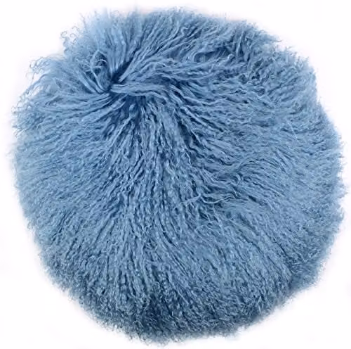 SNUGRUGS Round Mongolian Long Curly Wool Sheepskin Cushion and Inner, Light Blue, Diameter: 40 cm