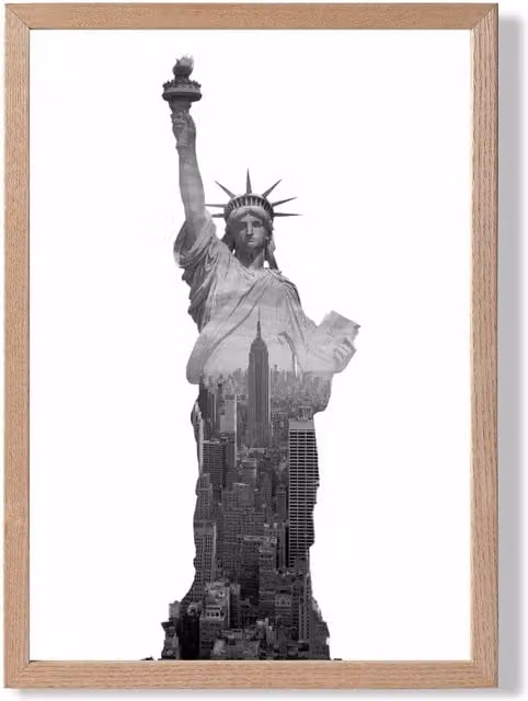 ARTZE Abstract Statue of Liberty New York Black and White Framed Photo Print with Oak Frame