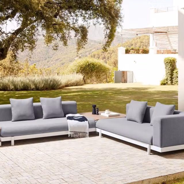 Wyld and Coco 5-Seater L-Shape Outdoor Sofa Set with Coffee Tables in Grey Fabric – 1