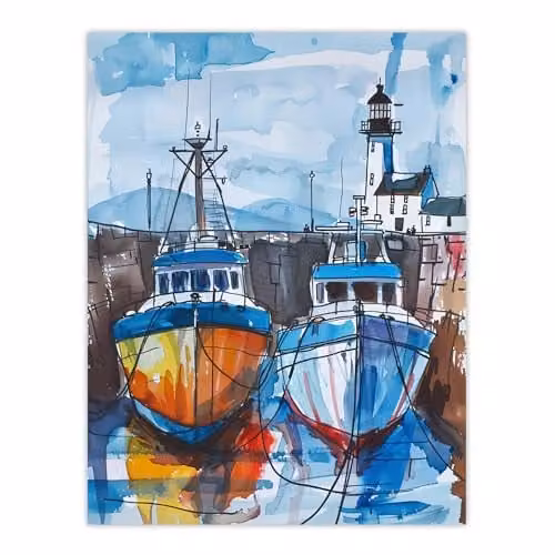 Artery8 Scottish Harbour Fishing Boats and Lighthouse Maritime Wall Art Poster Print, Multicolour, 46 x 61 cm