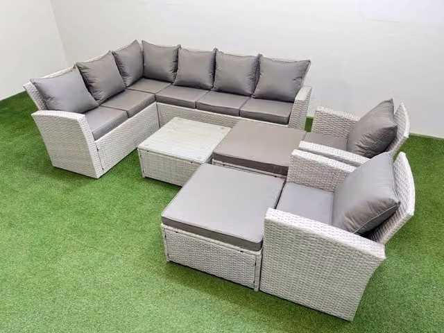 Fimous 10 Seater L-Shape Corner Garden Sofa Set in Light Grey with Coffee Table and Ottomans