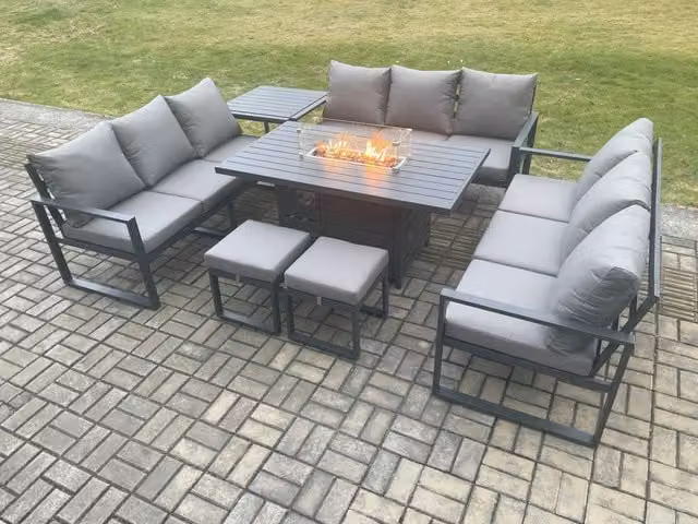 Fimous 11 Seater Grey Powder Coated Aluminium Garden Furniture Set with Gas Fire Pit Dining Table, Lounge Sofa, 2 Footstools and Side Table