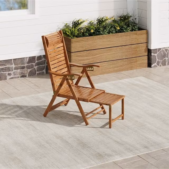 Komore Rustic Bamboo Reclining Lounge Chair with Ottoman and Armrests in Beige and Brown