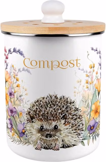 Purely Home Floral Hedgehog Metal Compost Caddy with Flip Lid, 2L, Brown and White