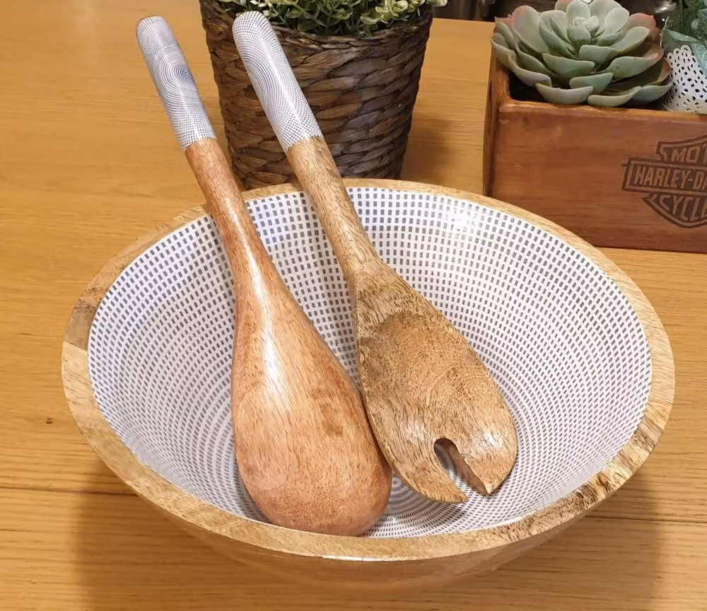 Hartsmede Geometric Handmade Wooden Serving Bowl with Spoons, 3L, Grey or Blue – 3