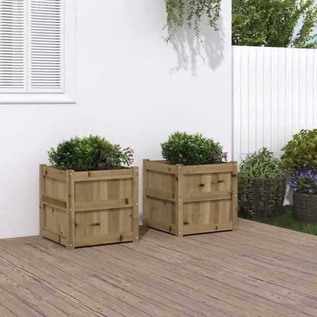 Berkfield Home Garden Planters, Set of 2 Impregnated Brown Pine Wood Tubs for Ornamental and Vegetable Gardens
