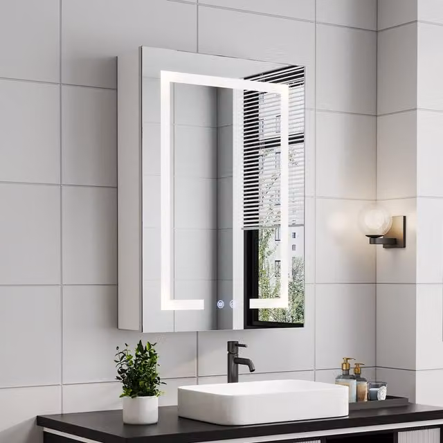 Livingandhome White Anti Fog LED Dimmable Mirror Cabinet with Shaver Socket and Internal Shelves, Width: 45 cm