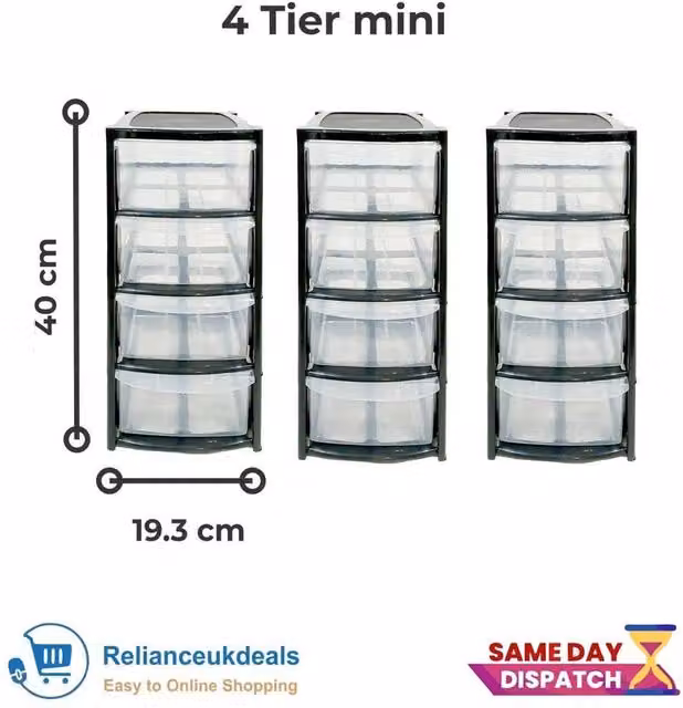 NESTLUNE 4-Tier Plastic Desktop Storage Drawer Tower Unit in Black and Transparent