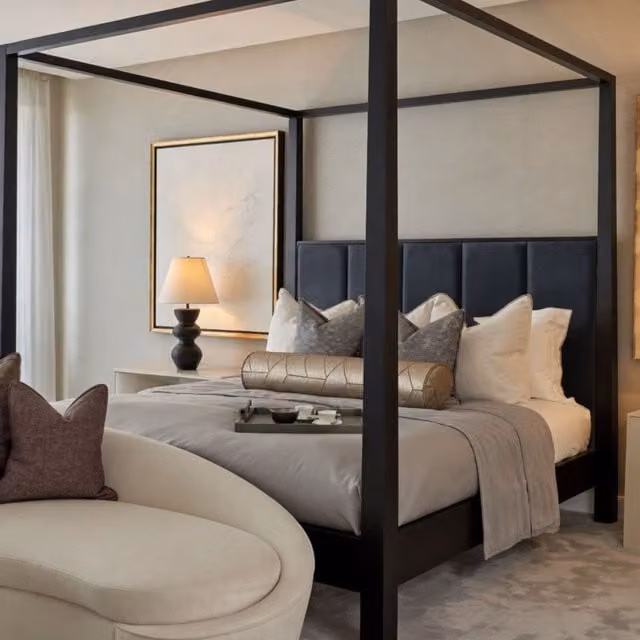 HOB Furniture Washington 4 Poster Canopy Bed in Black Velvet with Gold Details, Double Size (140 x 200 cm)