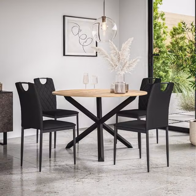 More4Homes Malvern Round Oak Effect Dining Table Set with 4 Monza Chairs in Black
