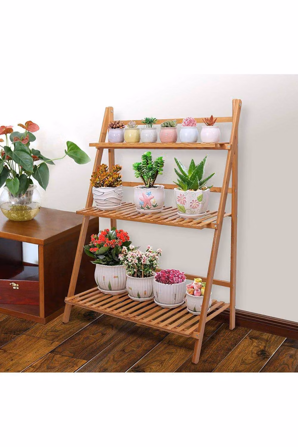 Living and Home Bojorquez 3 Tier Rustic Wood Ladder Plant Stand in Brown – 2