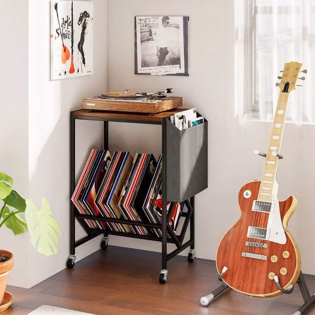 EONLION Brown Rolling Record Player Stand with Media Compartments, W: 100 cm x D: 64 cm x H: 100 cm – 1