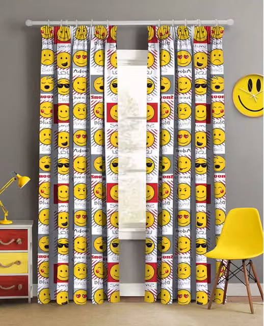 Velosso Graphic Emoji Expression Thermal Insulating Childrens Pencil Pleat Curtain Pair in White, Yellow and Multicolour