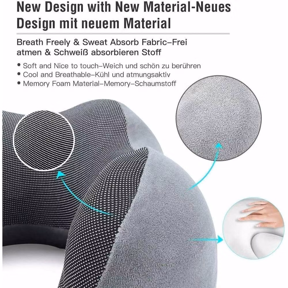 KORVIXA Grey U-Shaped Memory Foam Travel Neck Pillow with Breathable Velours Fabric – 2